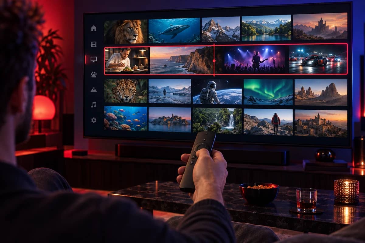 Viewer browsing a grid of channels and films on a large TV