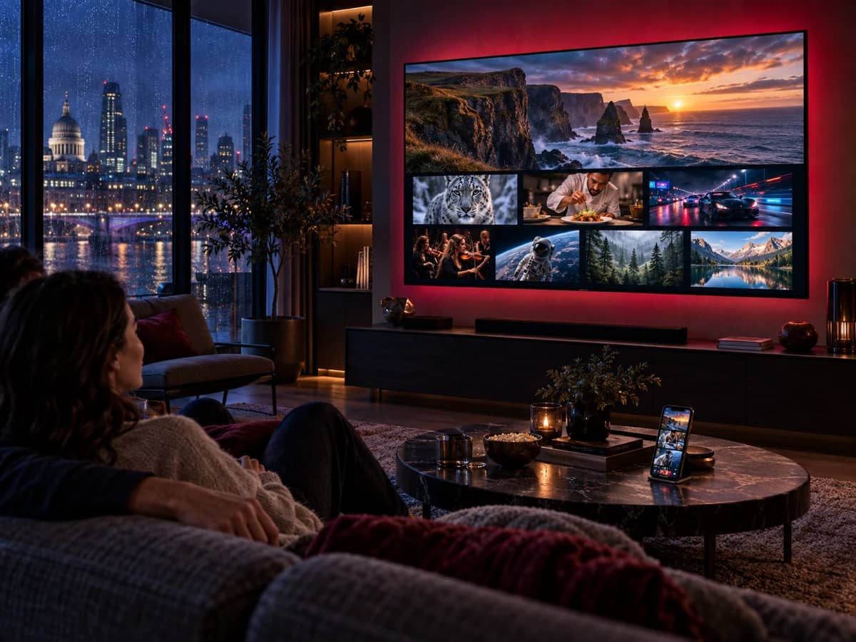 Woman watching live TV on a large screen in a city apartment at night